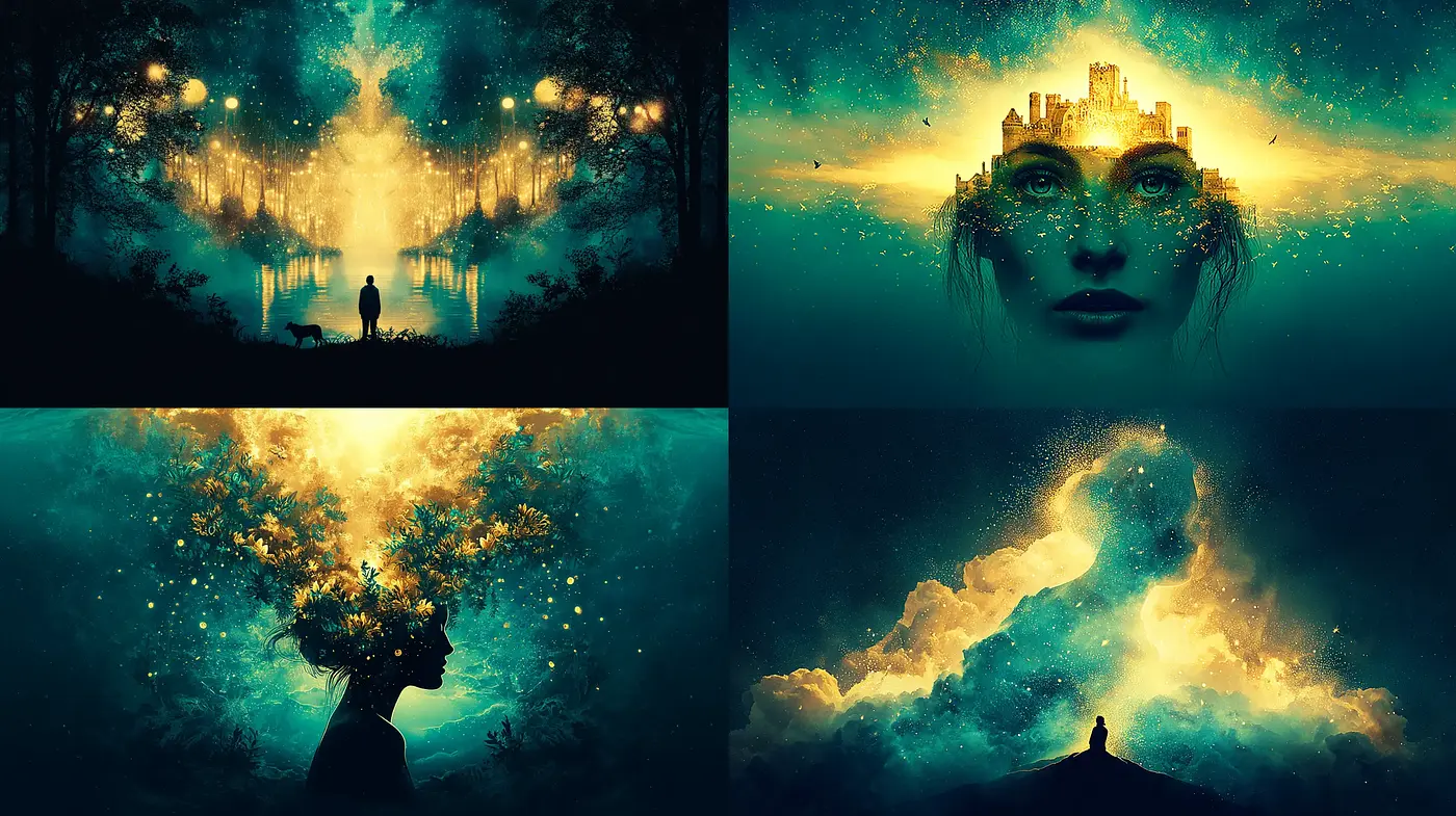 Enigmatic dreamscapes with ethereal light and cosmic elements - Midjourney sref style