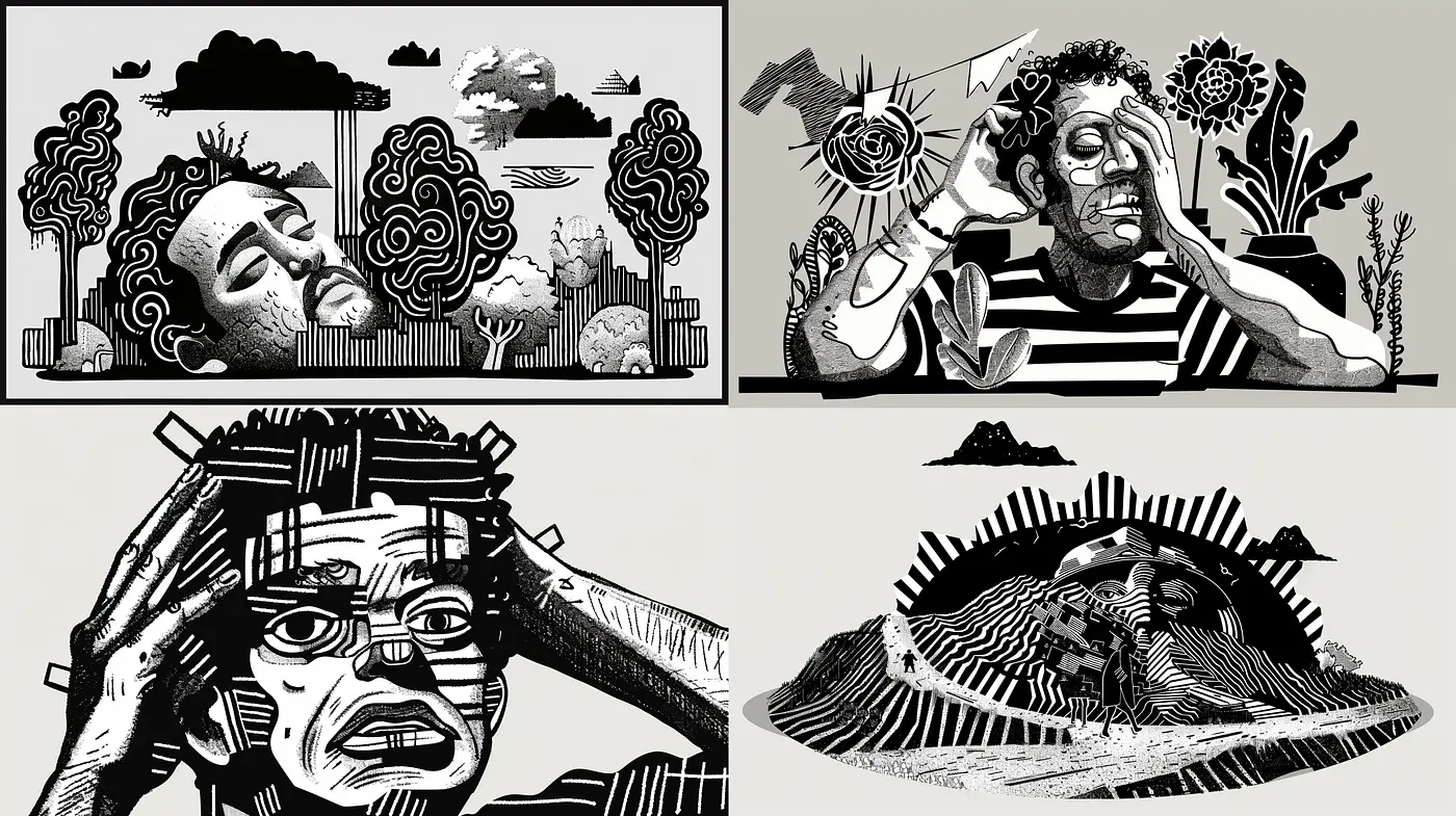 Monochromatic Dreamscapes: A Study in Black and White Expressionism - Midjourney sref style