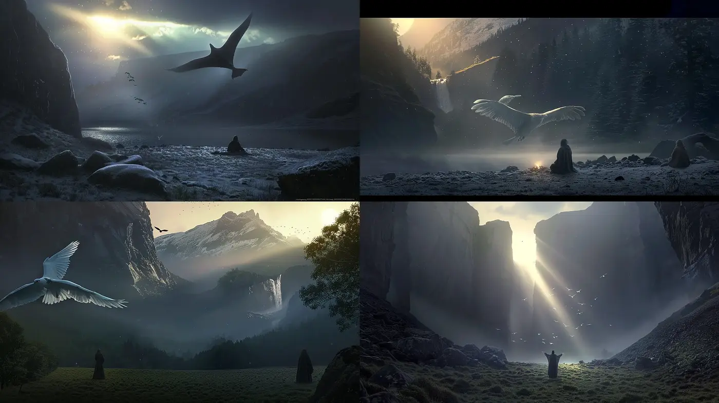 Ethereal Twilight Vistas: A Tranquil Convergence of Light and Shadow - Midjourney sref style