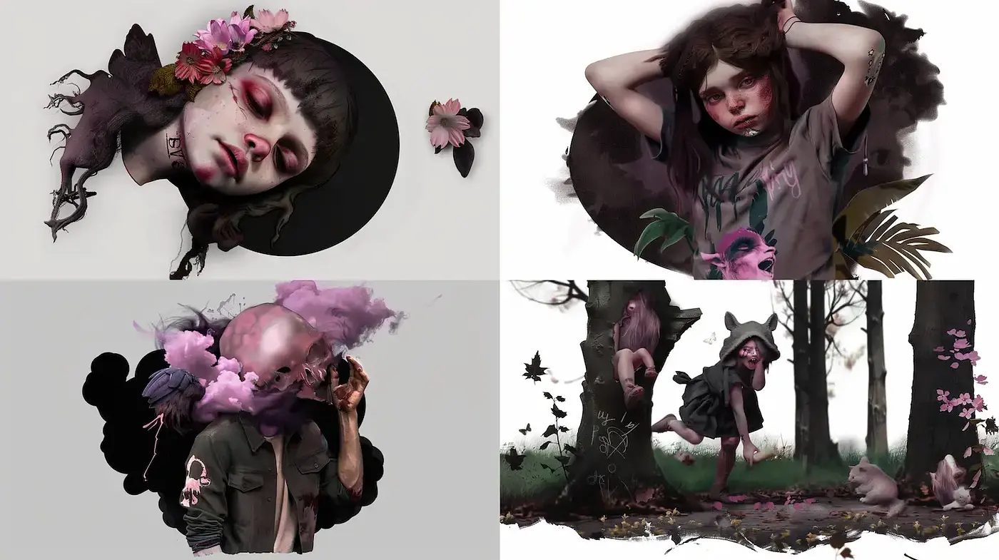 Ethereal Shadows and Florals: A Fusion of Fantasy and Melancholy - Midjourney sref style