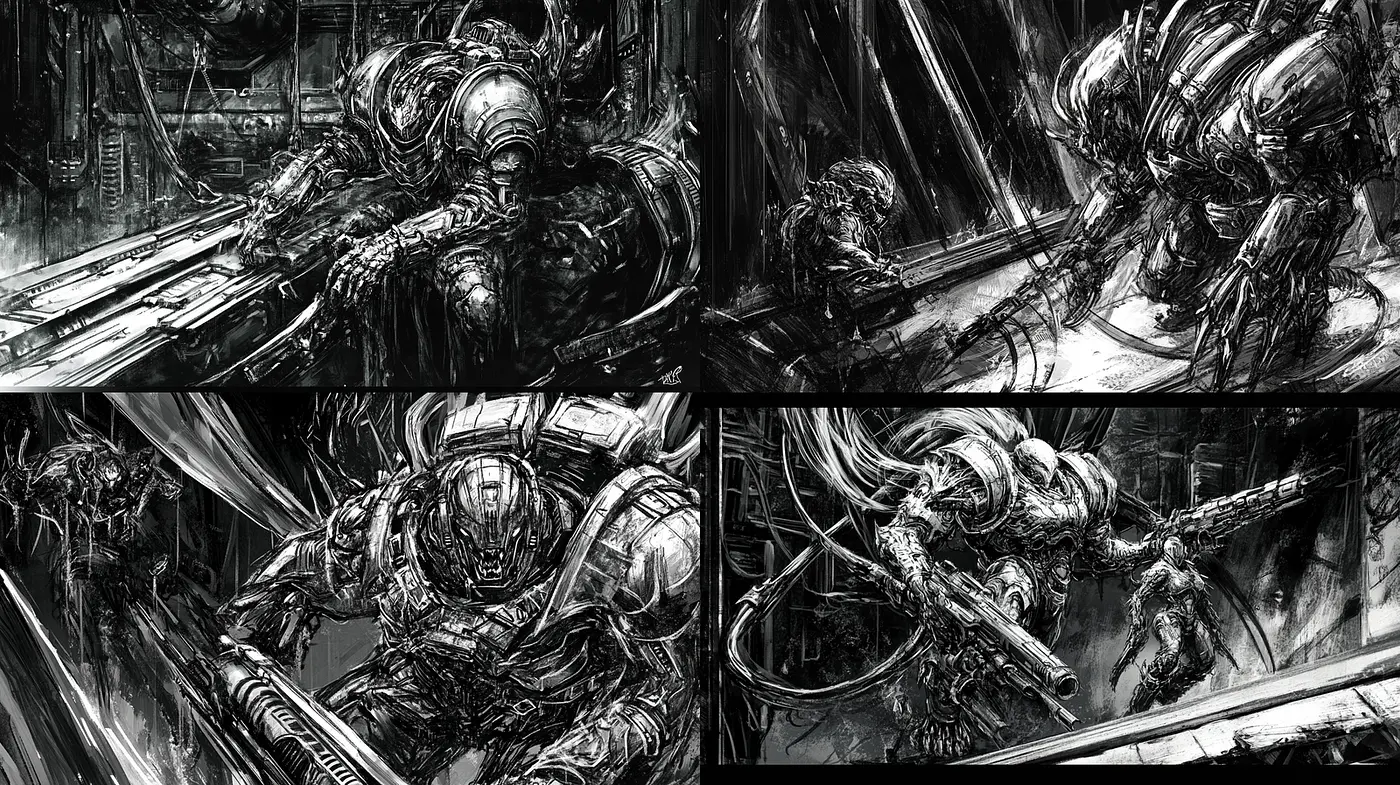 Dark, cyberpunk-inspired aesthetic with high contrast and intricate detailing - Midjourney sref style
