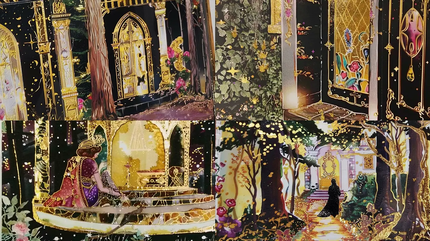 Enchanted Golden Twilight: A Mosaic of Gilded Nature and Dreamy Nostalgia - Midjourney sref style
