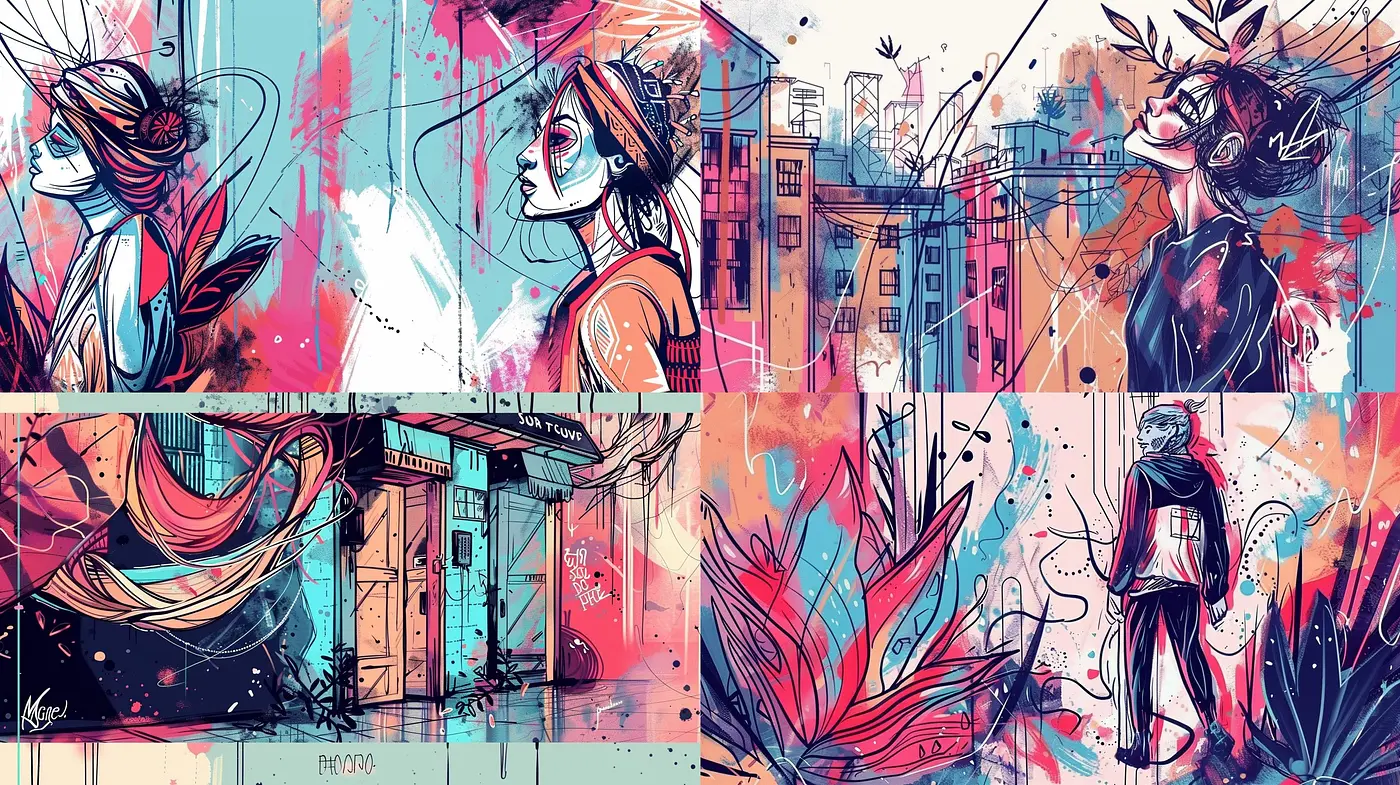 Vibrant Urban Tapestry: A Fusion of Dynamic Sketch and Watercolor Hues - Midjourney sref style