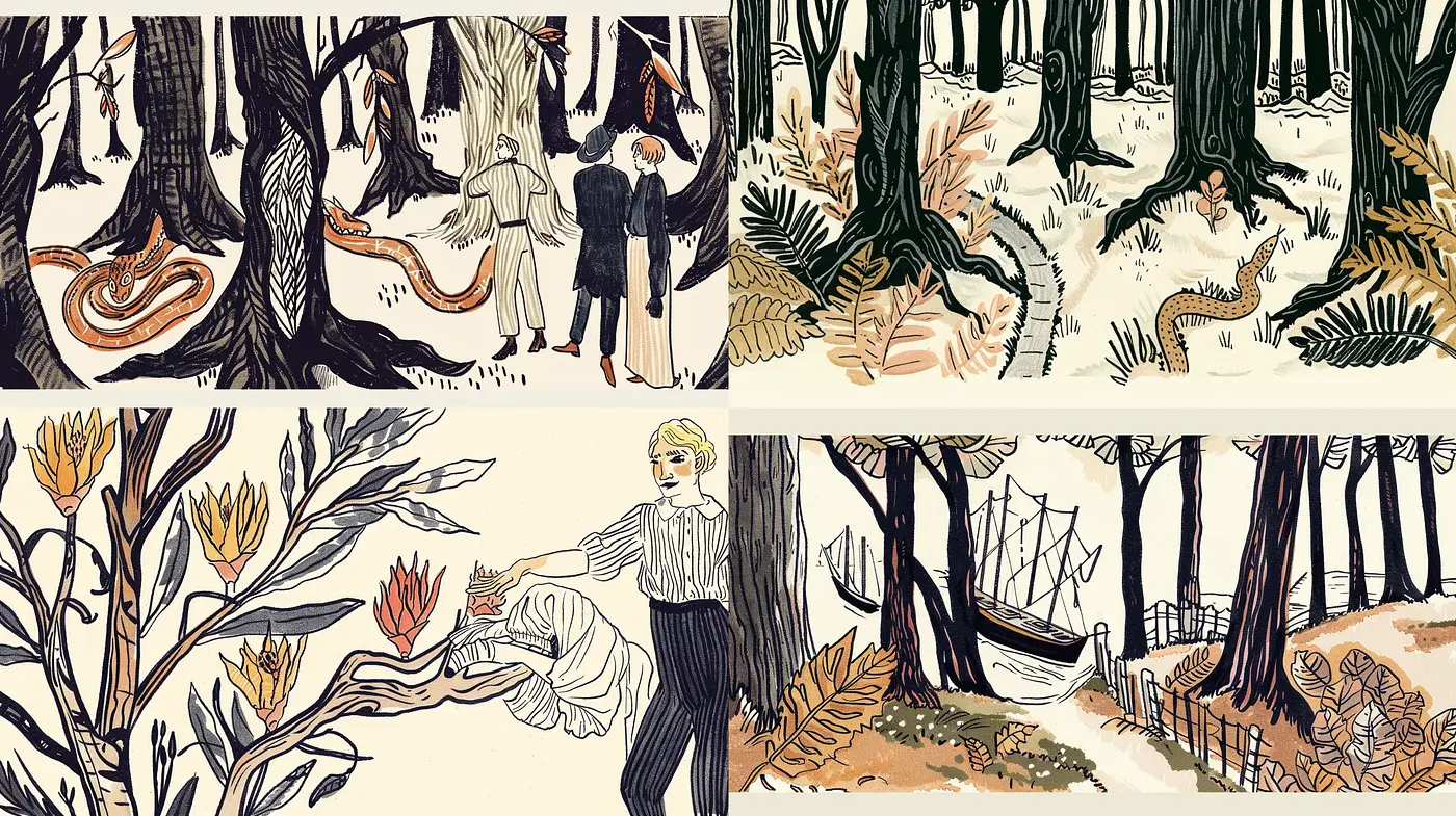 Whimsical Forest Dreamscape in Pen and Ink - Midjourney sref style