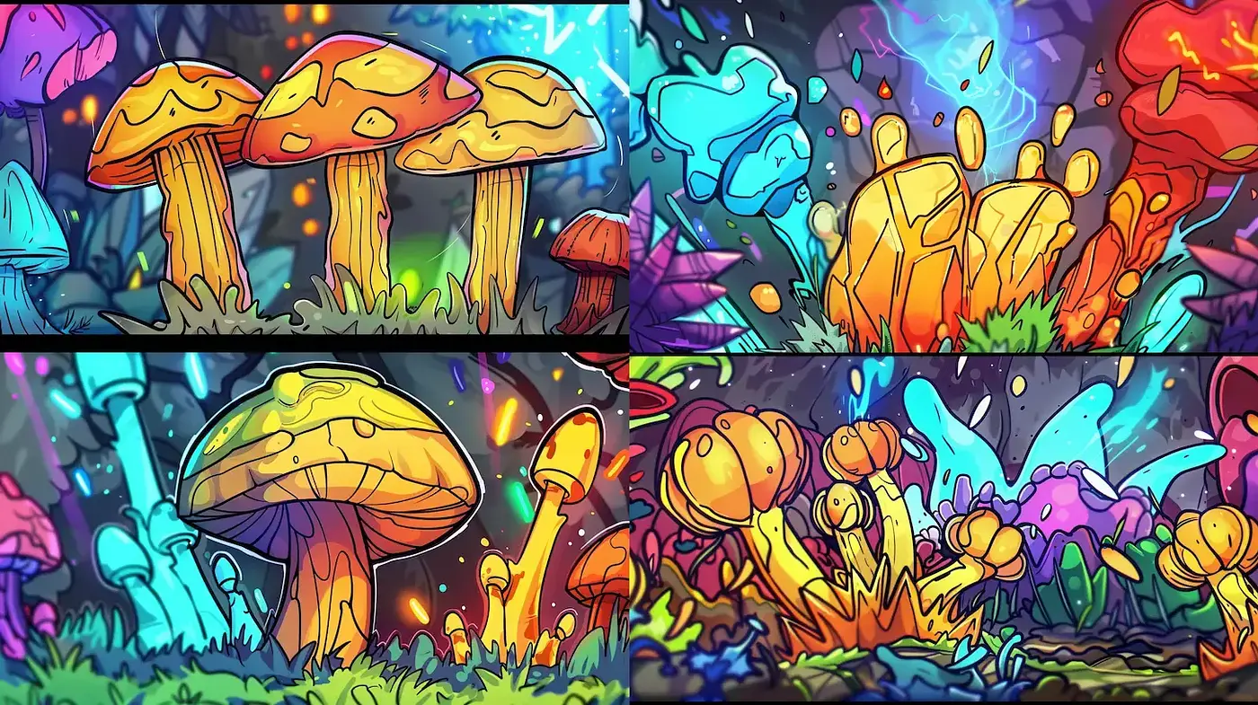 Luminous Psychedelic Dreamscape in Vivid Comic Style - Midjourney sref style