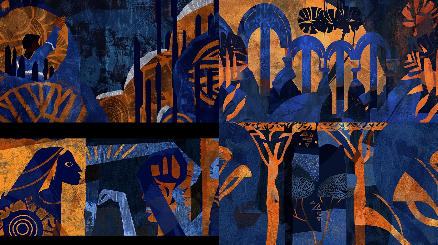 Synthetic Elegance of Textural Contiguity in a Blue-Orange Artistic Confluence - Midjourney sref style