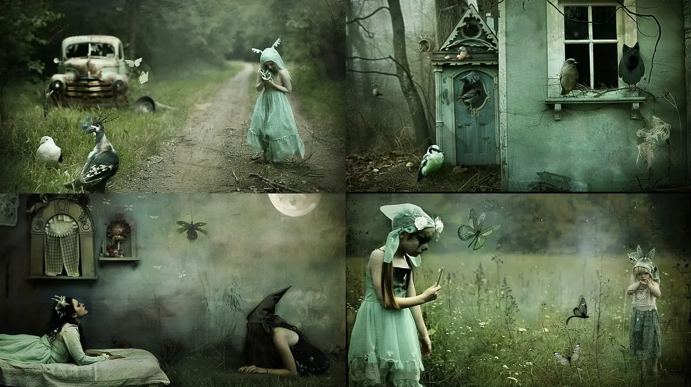 Enigmatic Whimsy in Ethereal Green Hues: A Dreamscape of Nostalgia and Mysticism - Midjourney sref style