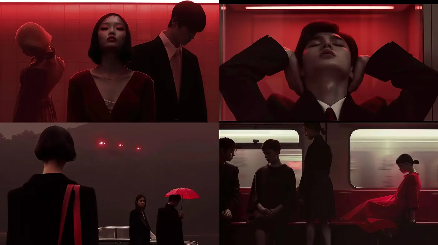 Cinematic Reverie in Rouge and Noir - Midjourney sref style