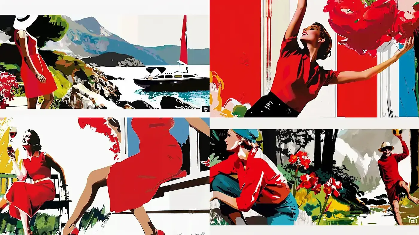 Vibrant Retro Illustrations with Bold Colors and Stylized Figures - Midjourney sref style