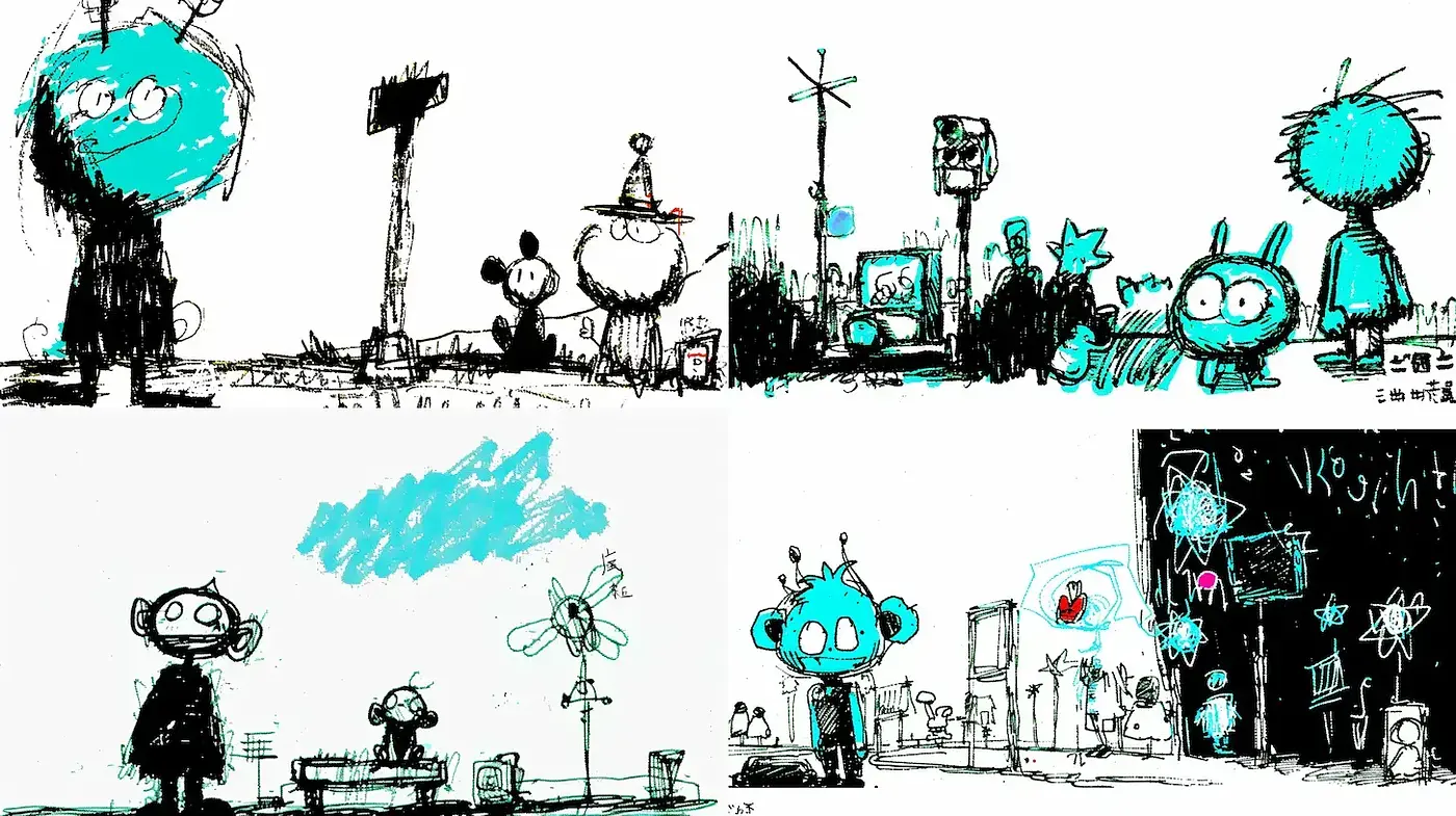 Playful and Whimsical Artistic Style with Bold Line Work and Simple Forms - Midjourney sref style