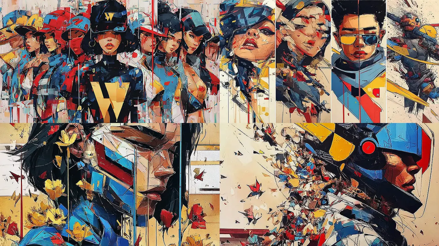 Dynamic Fragments of Futuristic Figures with a Bold Color Palette - Midjourney sref style