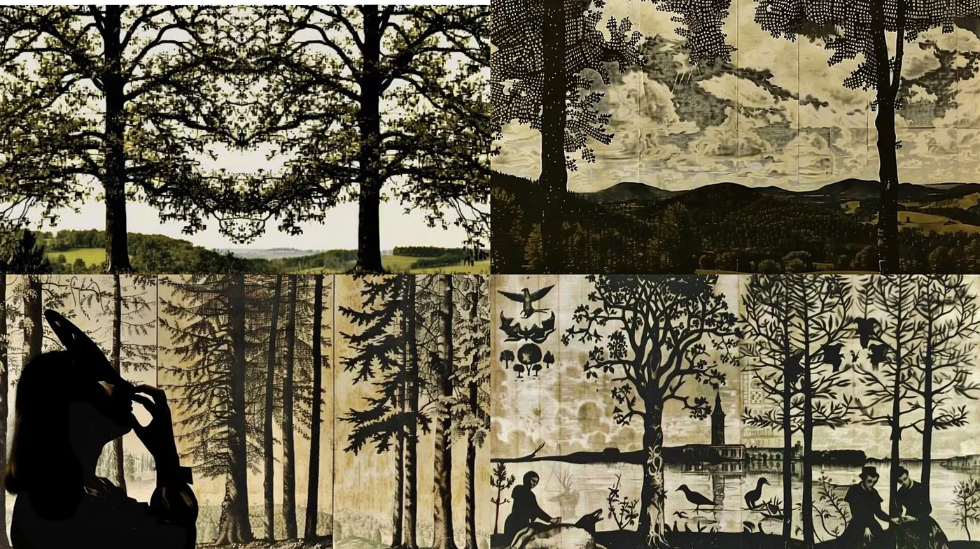Ethereal Nature Tapestry: A Fusion of Monochrome Silhouettes and Vintage Textures - Midjourney sref style