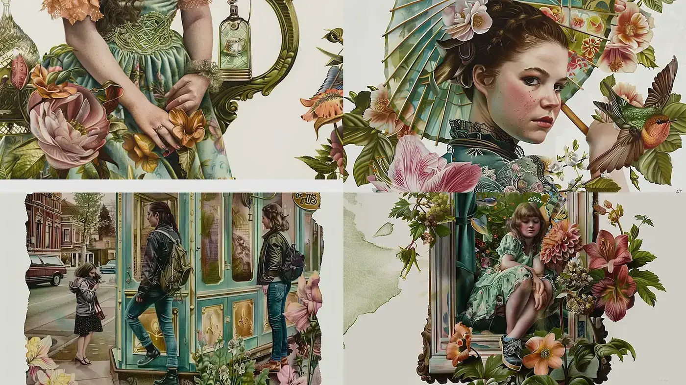 Whimsical Floral Portraiture with Vintage Aesthetics - Midjourney sref style