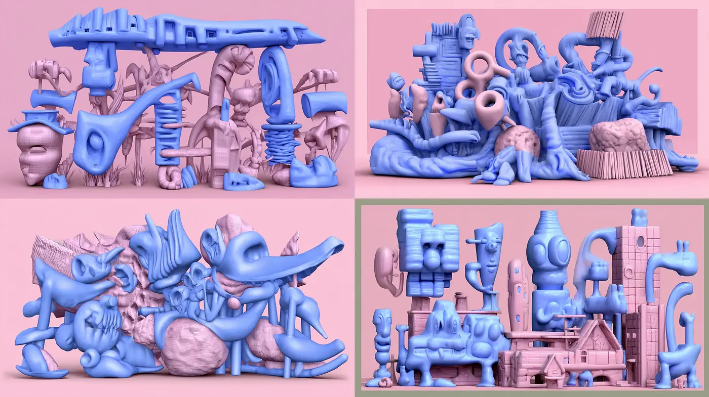 Abstract Surrealist Constructions in Soft Hues with Playful Forms - Midjourney sref style