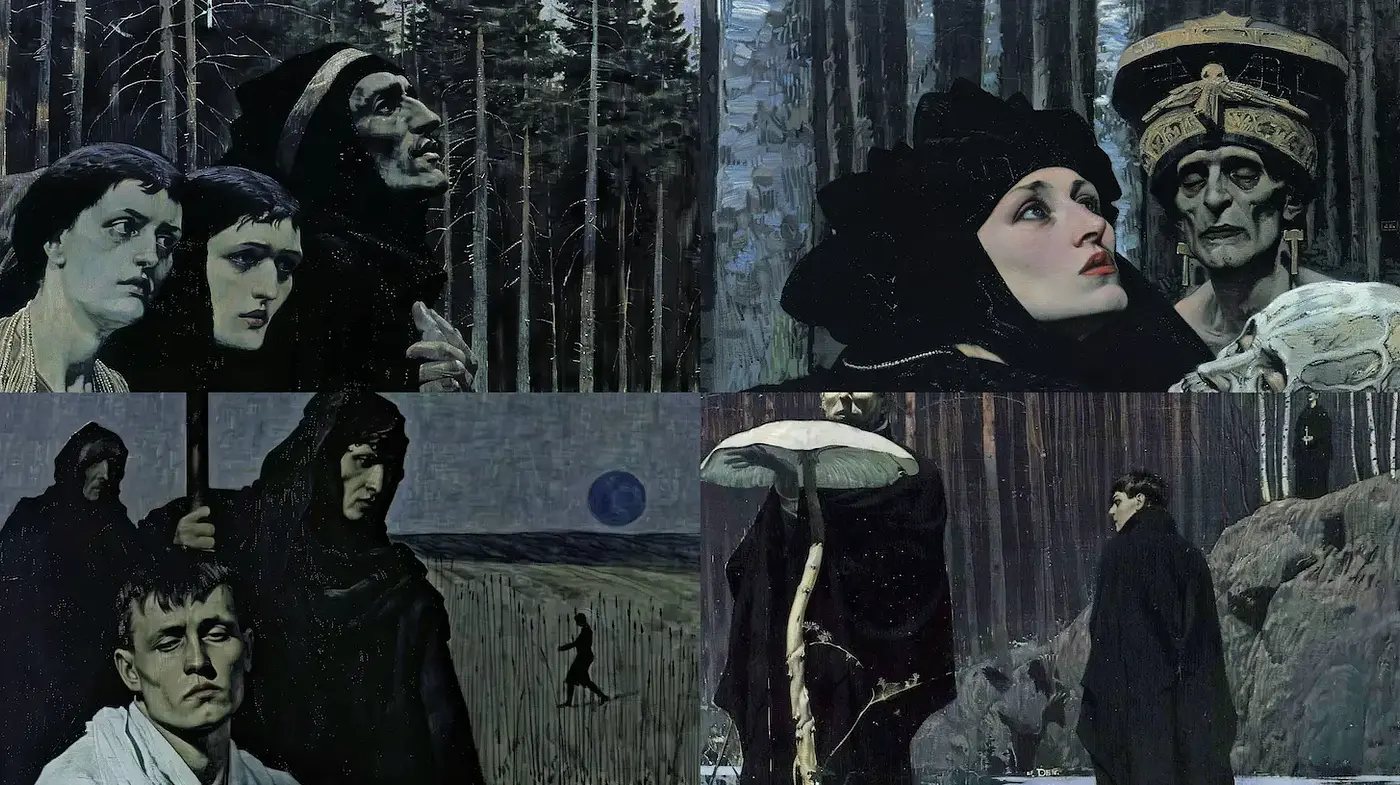 Mysterious and Haunting Figures in a Somber Forest - Midjourney sref style