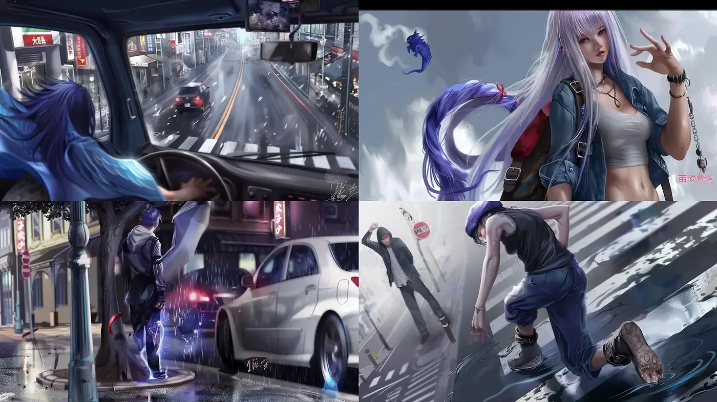 Futuristic Urban Aesthetic with Dynamic Character Design and Atmospheric Elements - Midjourney sref style