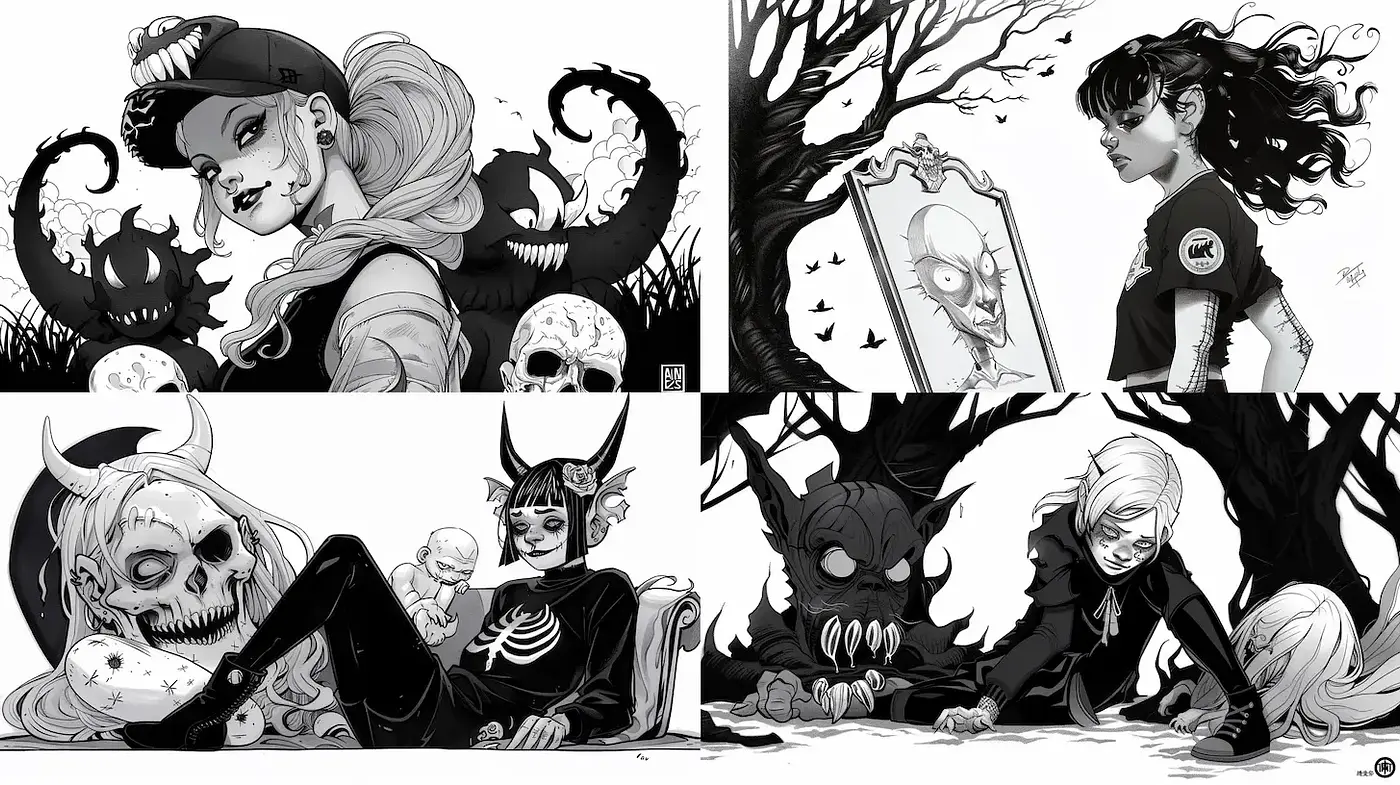 Darkly Whimsical Illustrations with a Gritty Edge - Midjourney sref style