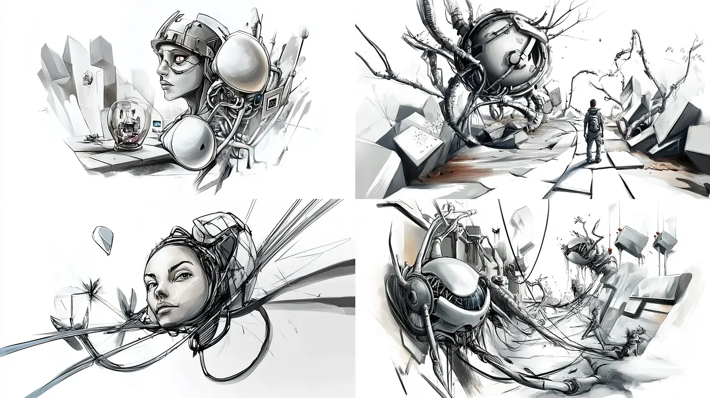 Monochromatic Fusions of Organic and Geometric Forms - Midjourney sref style