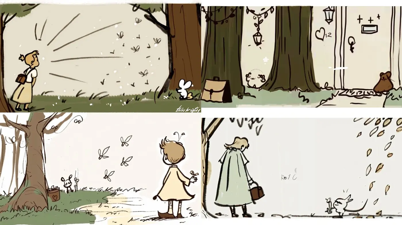 Whimsical Forest Reverie: A Consistent Dance of Sepia and Sketch - Midjourney sref style