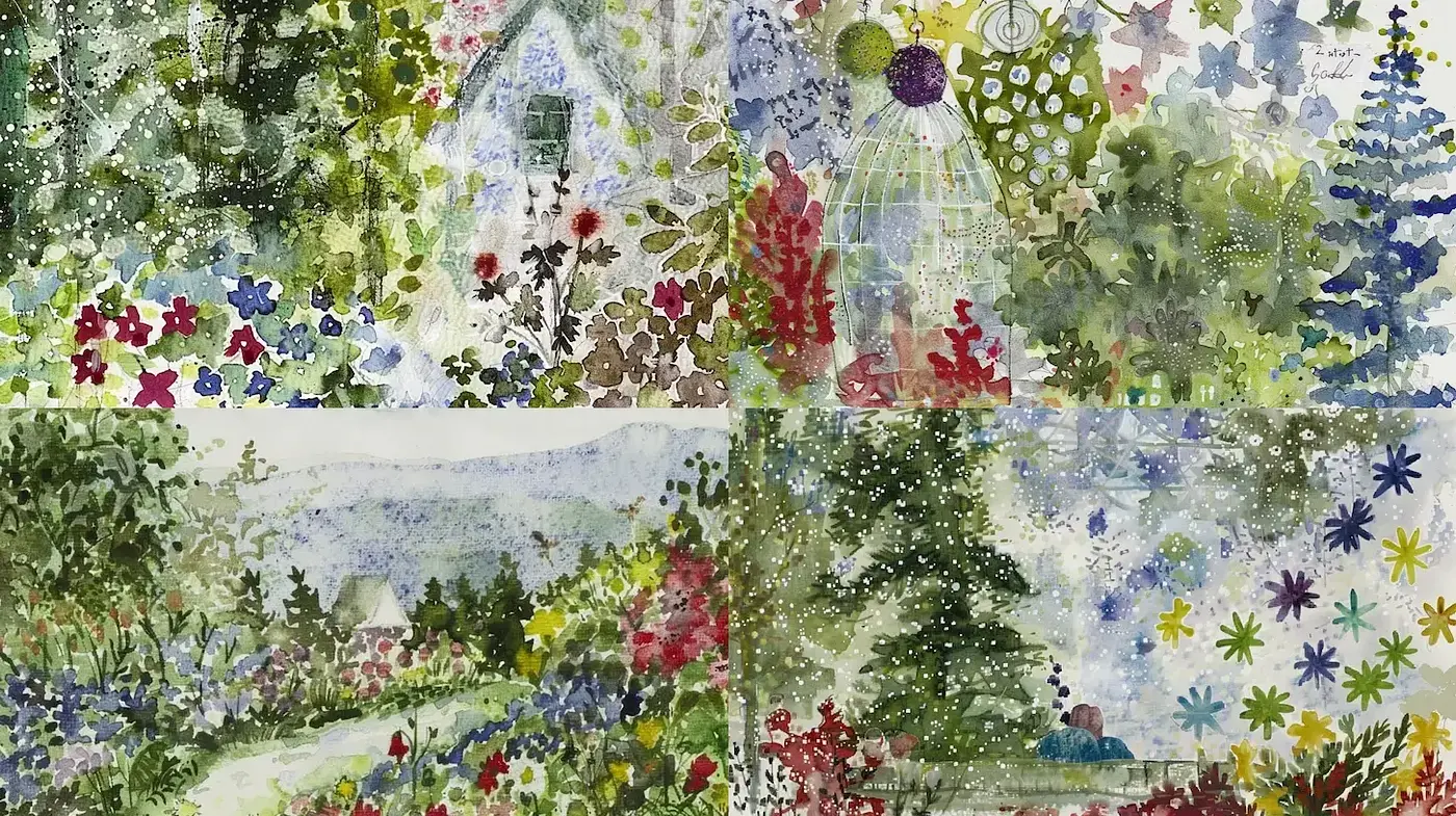 Impressionistic Nature Mosaic with Watercolor Hues - Midjourney sref style
