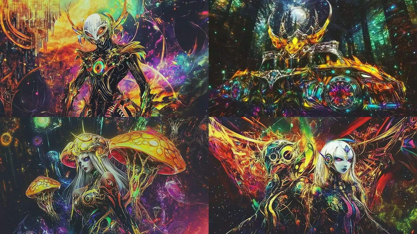 Psychedelic Dreamscapes with Vibrant Fantasy Elements - Midjourney sref style