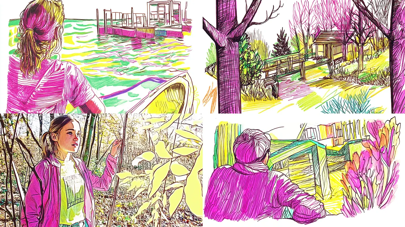 Luminous Sketched Pastels of Serene Landscapes and Figures - Midjourney sref style