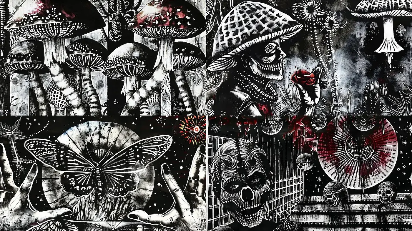 Darkly Intricate Illustrations with a Blend of Surreal Elements and Organic Motifs - Midjourney sref style