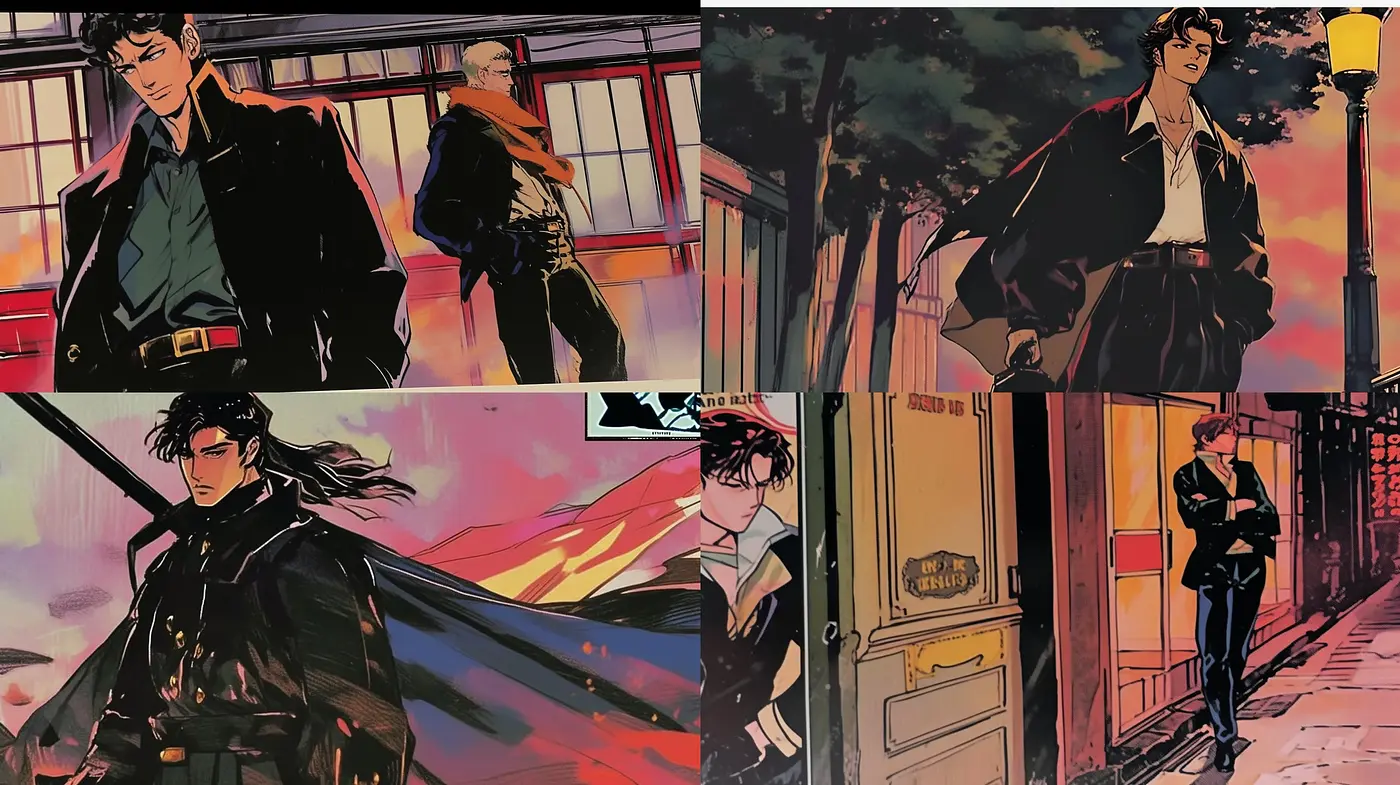 Sunset Noir: A Stylized Blend of Vintage Comic Book Aesthetics with a Romantic Twilight Ambience - Midjourney sref style