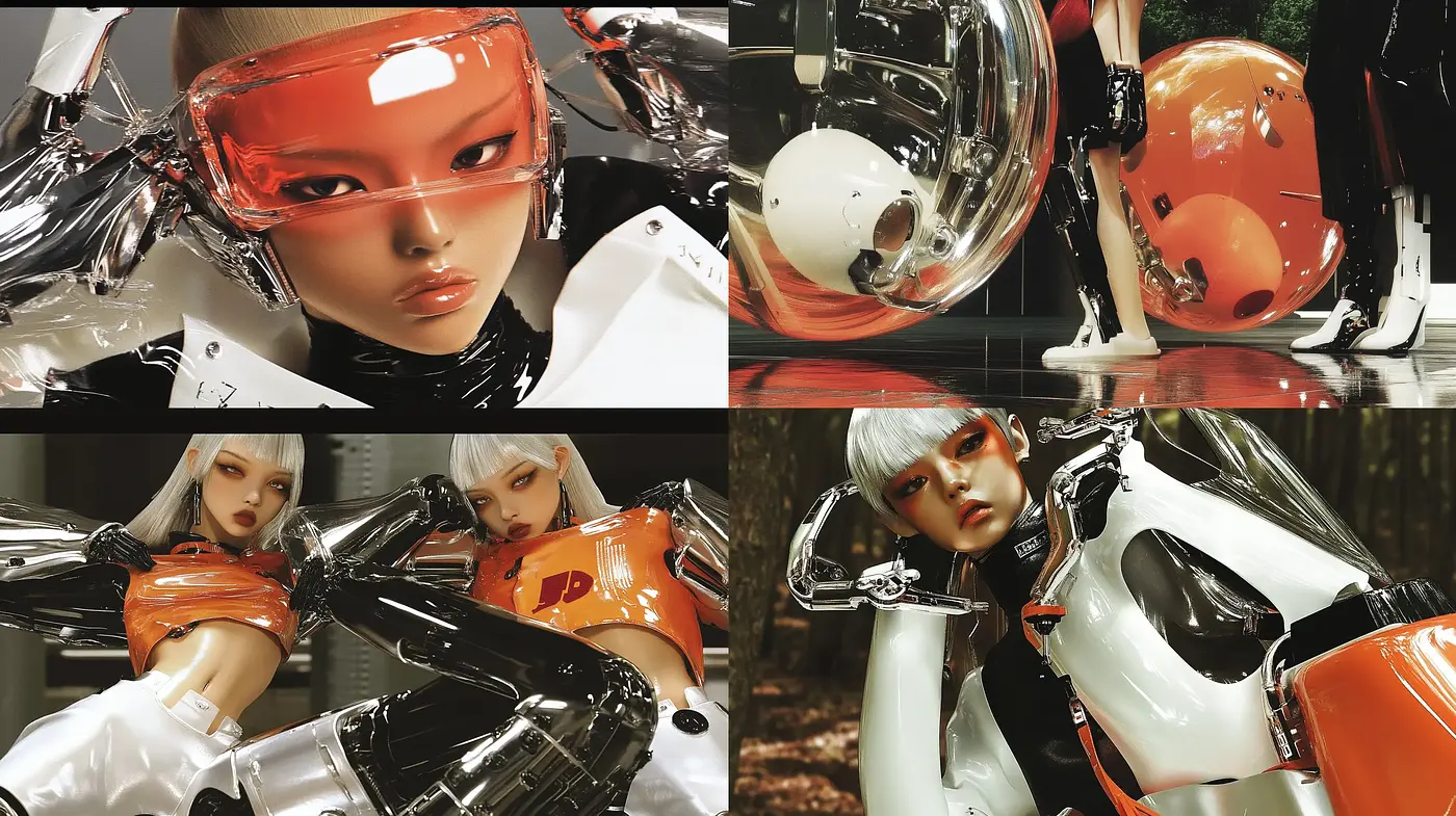 Futuristic Chrome and Tangerine: A Slick Testament to Synthetic Aesthetics and Contemporary Stylization - Midjourney sref style