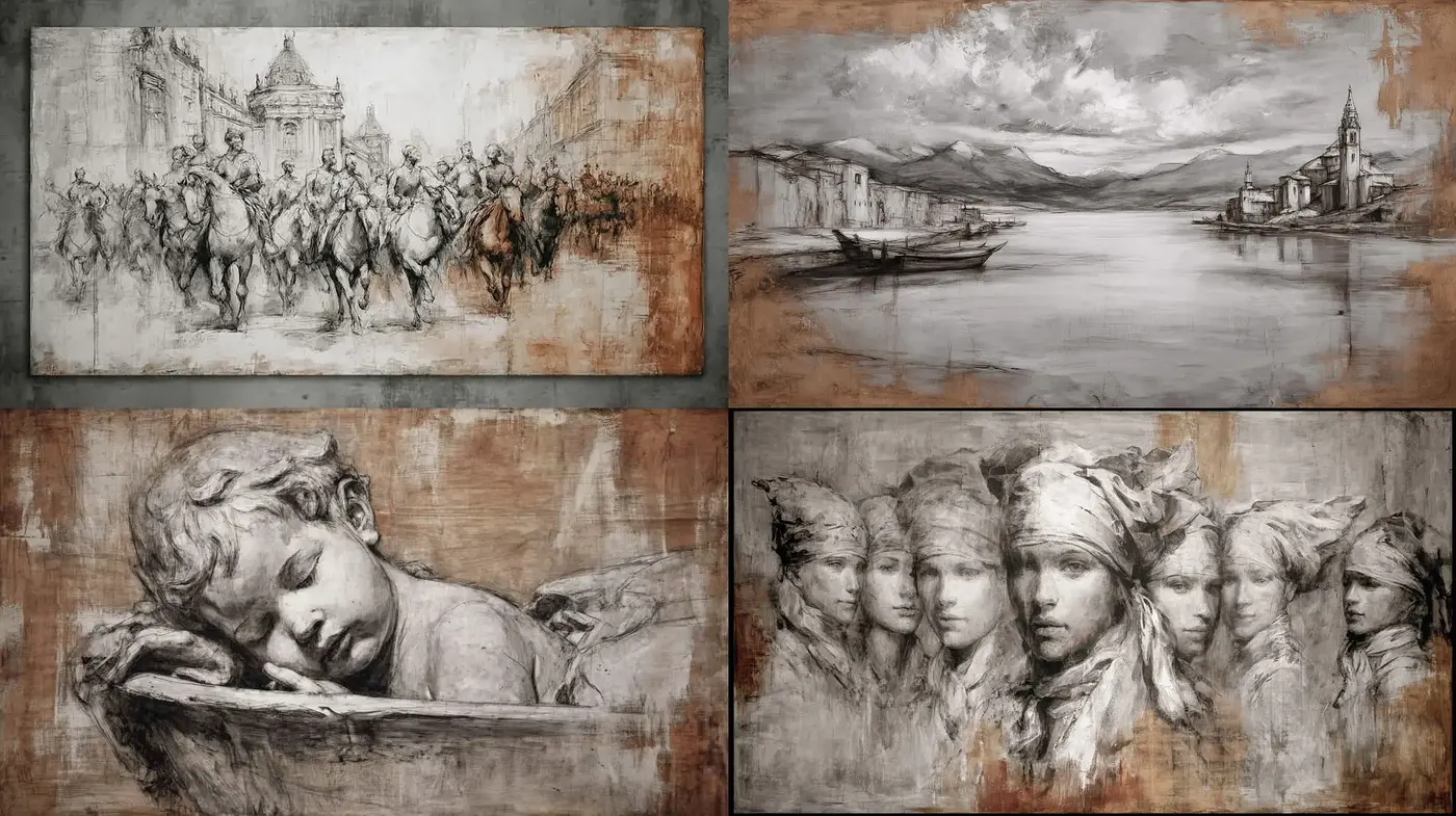 Elegant blend of classic realism and expressive narratives in muted tones - Midjourney sref style