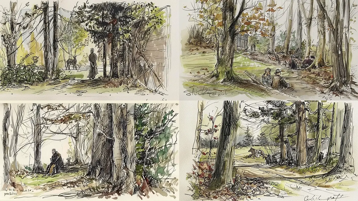 Sketchbook Nature Scenes with Ink and Wash Techniques - Midjourney sref style