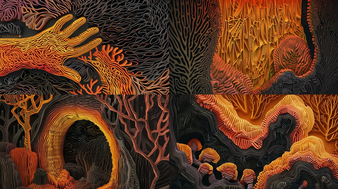 Labyrinthine Textural Symphony of Warm Hues and Enigmatic Forms - Midjourney sref style