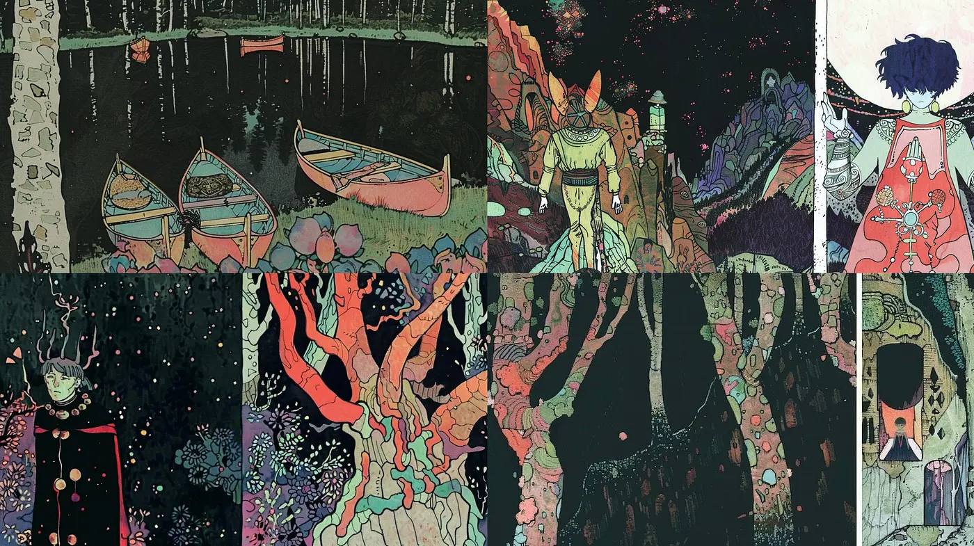 Ethereal Dreamscape in Stylized Art Nouveau Fusion - Midjourney sref style