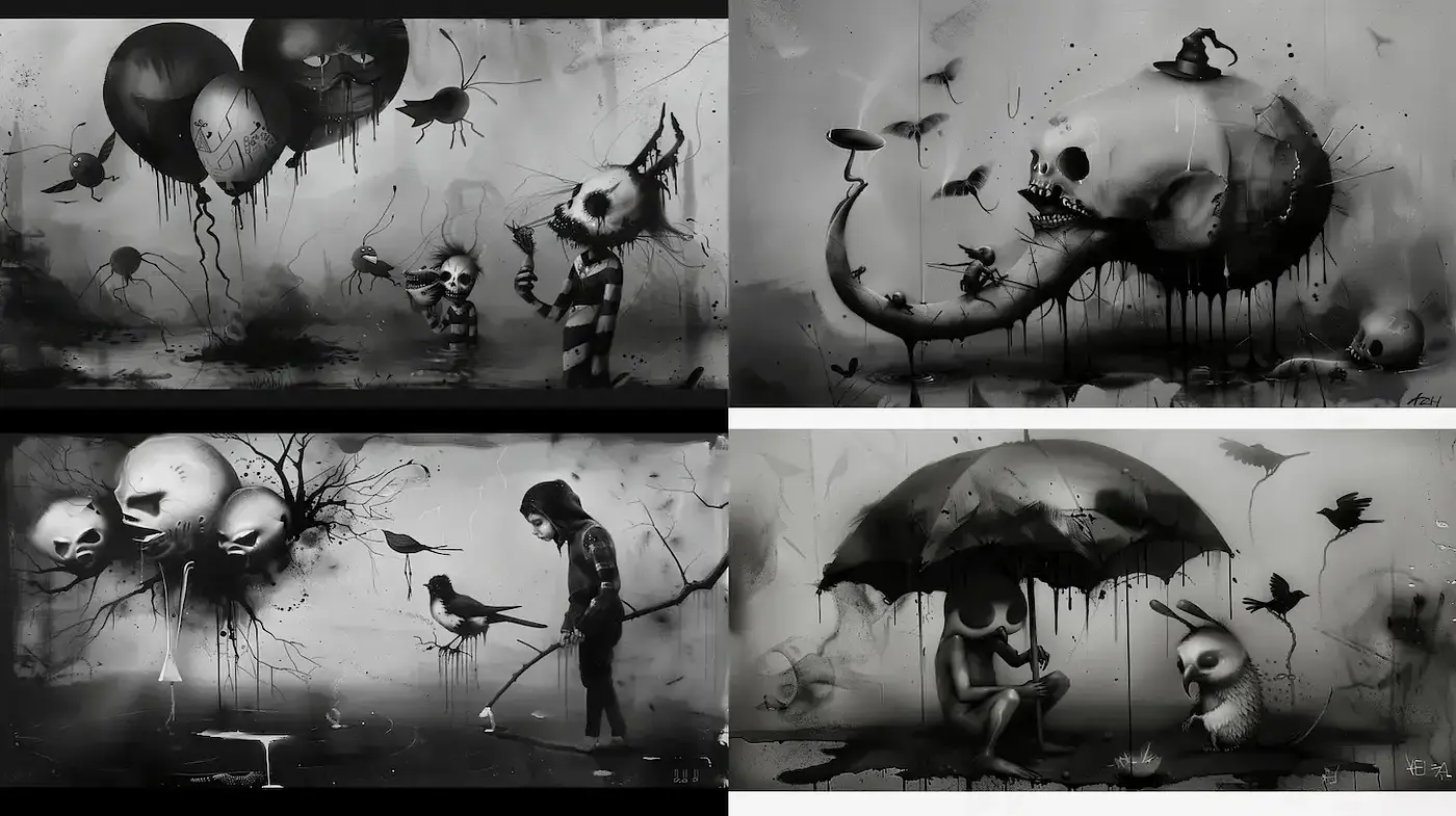 Surreal monochrome aesthetic with nightmarish undertones - Midjourney sref style
