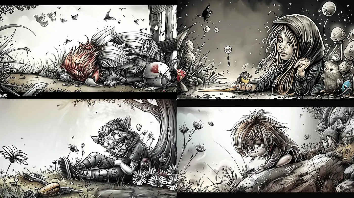 Darkly Whimsical Illustrations with a Touch of Surrealism - Midjourney sref style