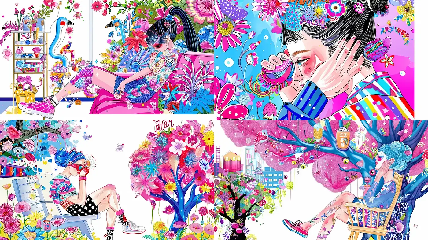 Vibrant and Whimsical Floral Fantasy with a Pop Art Influence - Midjourney sref style