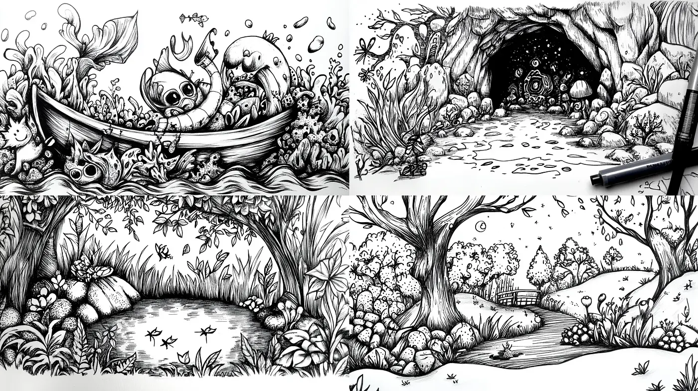 Enchanted Inkscapes: A Black and White Fantasia of Nature and Whimsy - Midjourney sref style