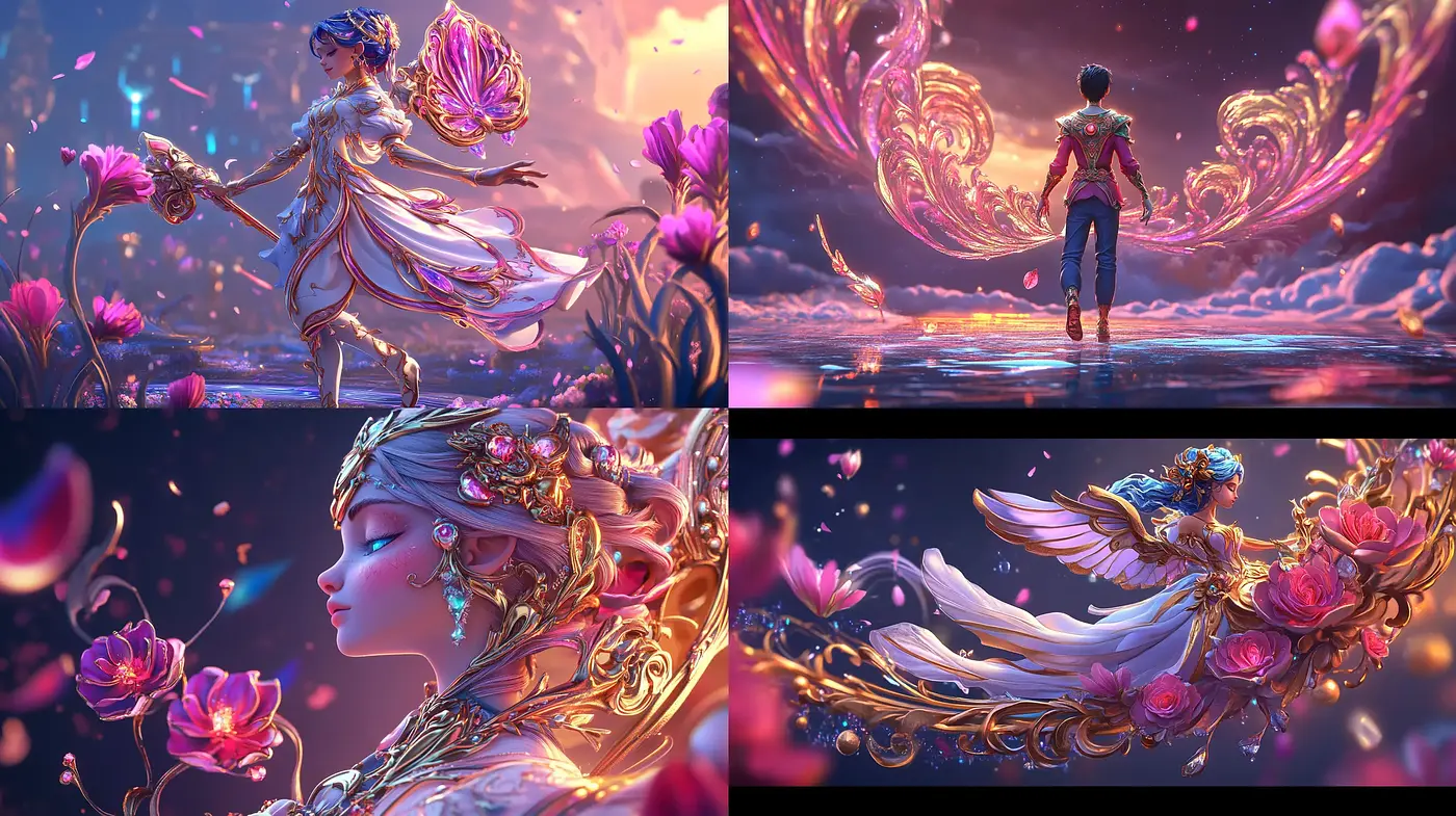 Ethereal Twilight Elegance: A Symphony of Luminous Florals and Gilded Grace - Midjourney sref style