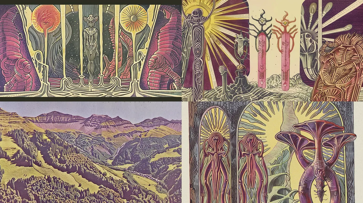 Eclectic Tapestry of Surreal Landscapes and Characters - Midjourney sref style