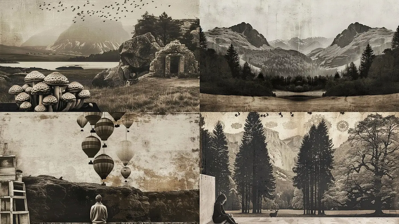 Ethereal Sepia-Toned Dreamscape Fusion - Midjourney sref style