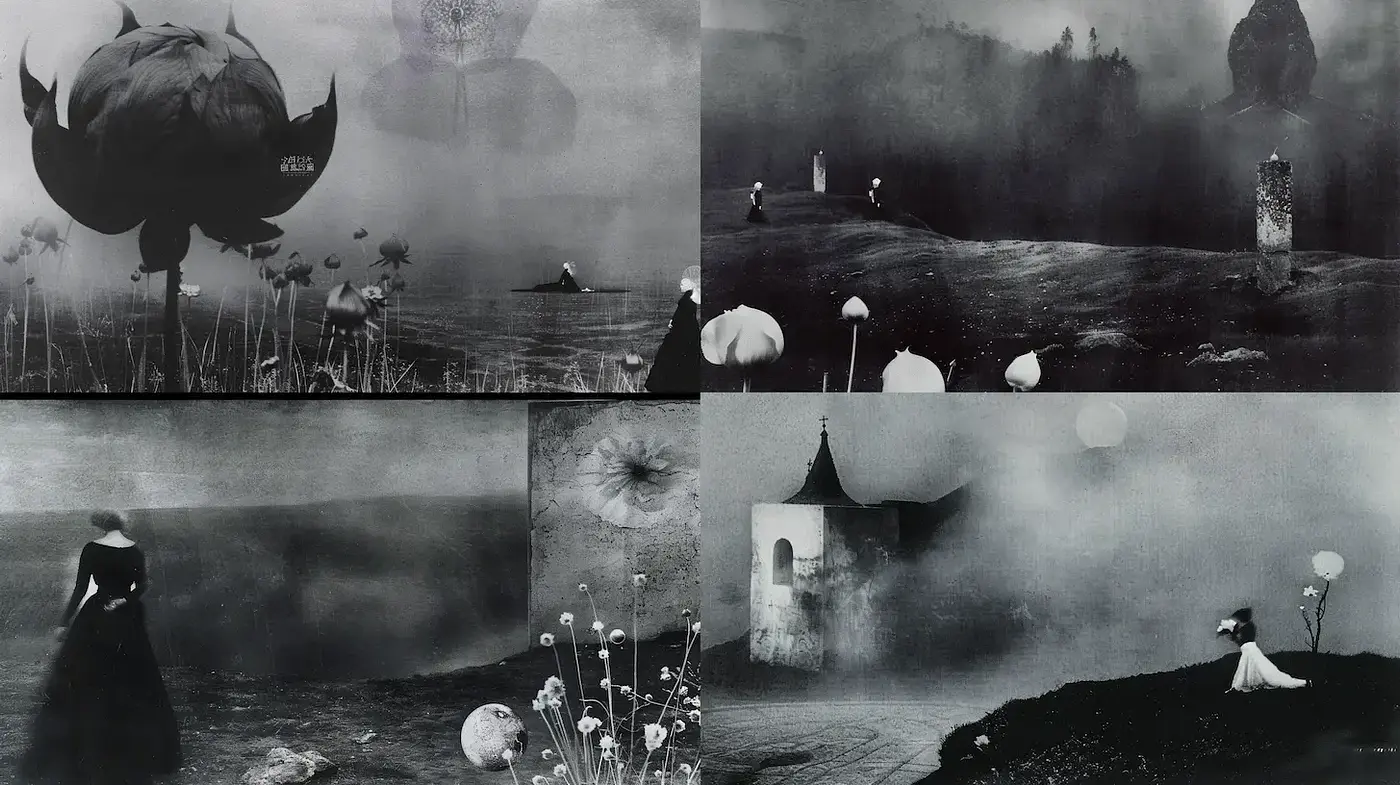 Ethereal and Surreal Landscape with Monochromatic Elements - Midjourney sref style
