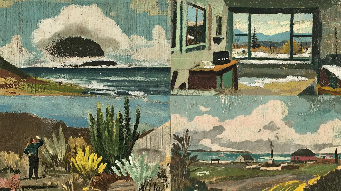 Rustic Coastal Serenity: A Homage to Mid-20th Century Landscape Painting - Midjourney sref style