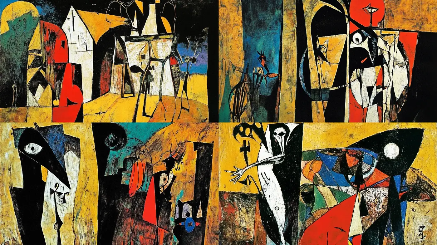 Abstract Cubist Tapestry Ensemble with Bovine and Equestrian Motifs - Midjourney sref style