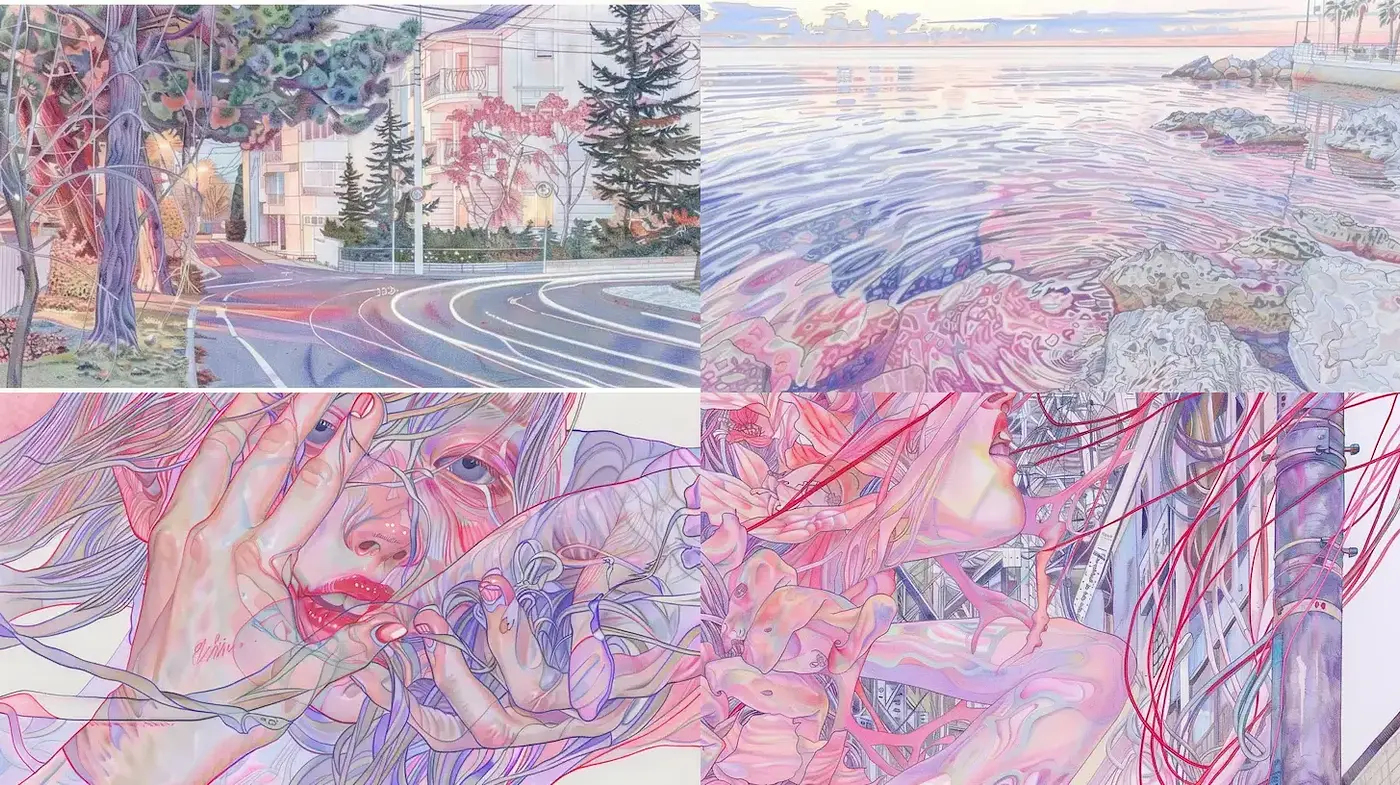 Ethereal and Dreamlike Illustrations with Fluid Lines and Soft Color Palette - Midjourney sref style
