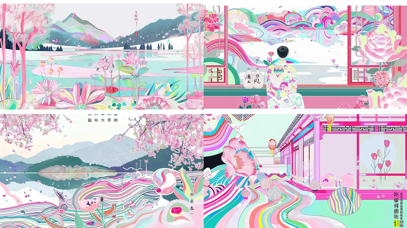 Contemporary Vibrant Landscapes with Flowing Elements and Pastel Tones - Midjourney sref style