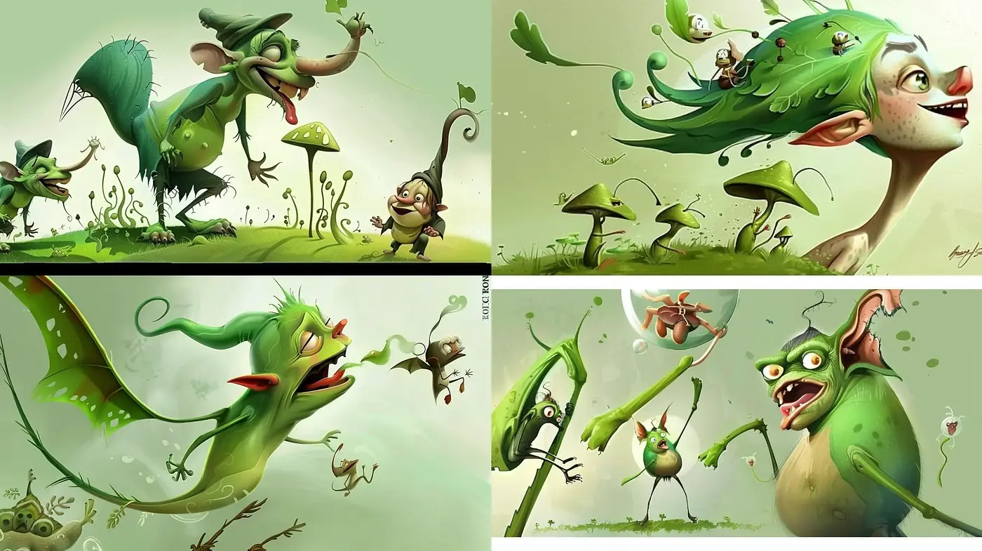 Whimsical Fantasia in Verdant Hues: A Lively and Expressive Cartoon Extravaganza - Midjourney sref style