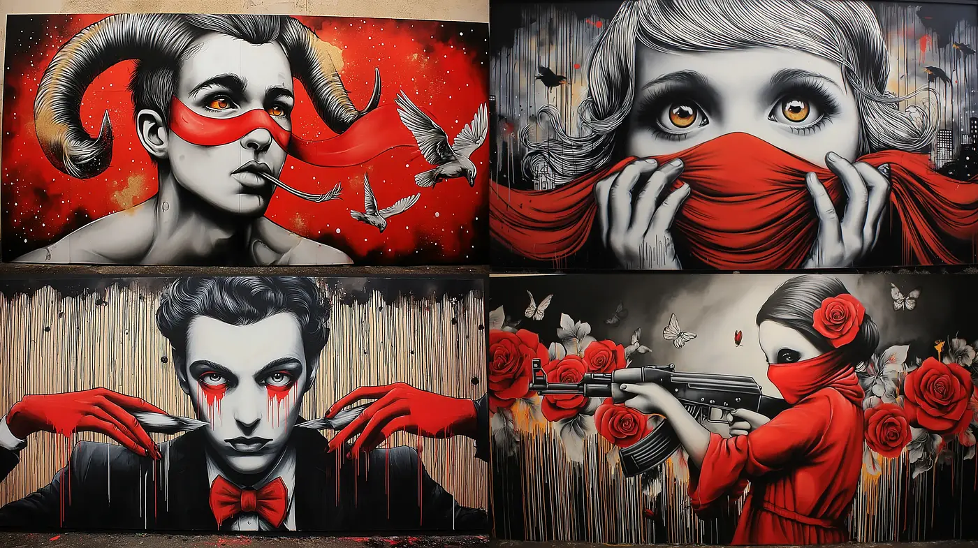 Striking and Bold Urban Street Art with Mysterious Undertones - Midjourney sref style