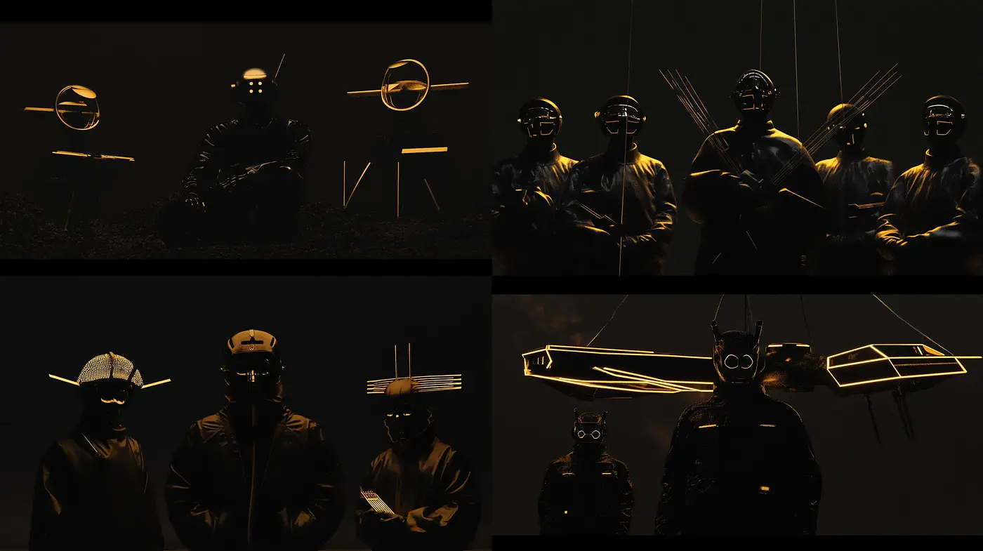 Nocturnal Bronze Hues with Neofuturistic Silhouettes - Midjourney sref style
