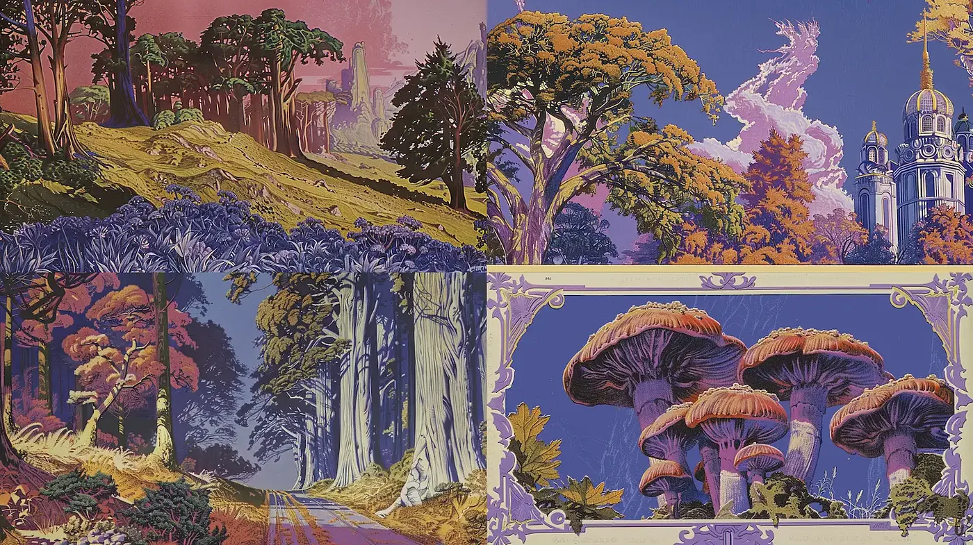 Surreal Landscapes with Vibrant Color Palettes and Detailed Texture for Evocative Environments - Midjourney sref style
