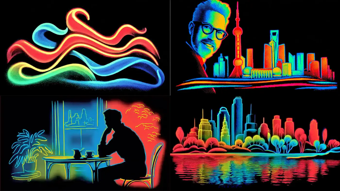Vibrant Neon Illustration with Fluid Lines and Silhouettes - Midjourney sref style